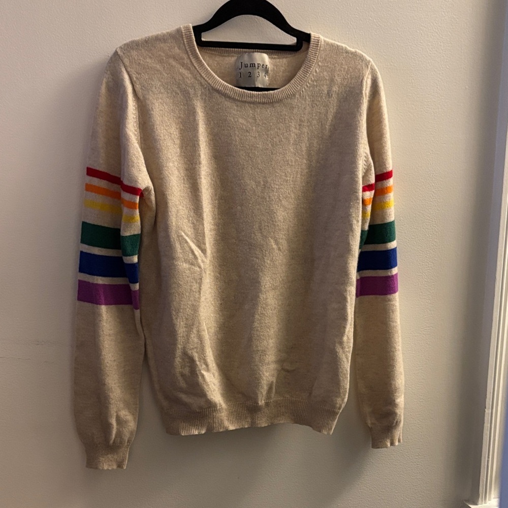 Jumper Beige Crewneck Sweater with Colorful Stripes
